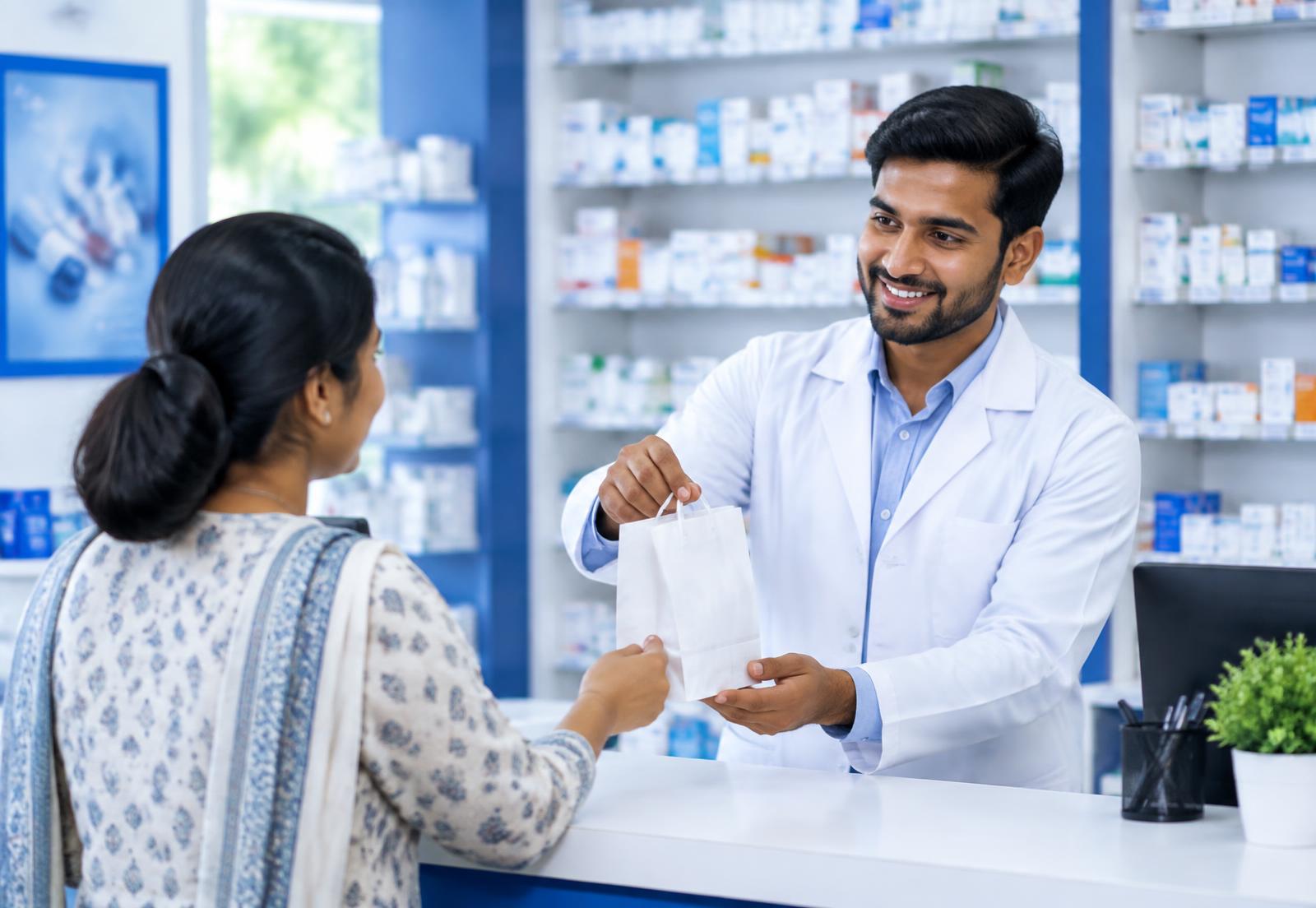 Pharmacist handing a medicine bag to a customer at a pharmacy counter